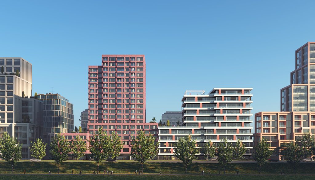 Moderne stadsgebouwen met bomen op de voorgrond.