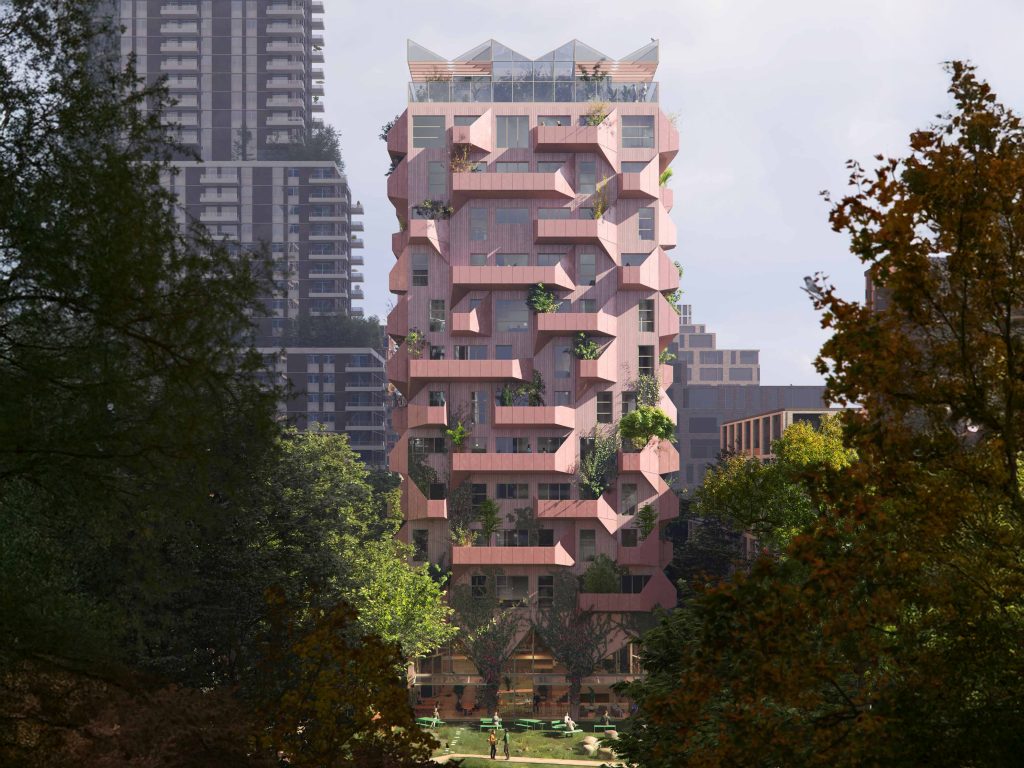 Moderne toren met plantenbalkons in stadspark.