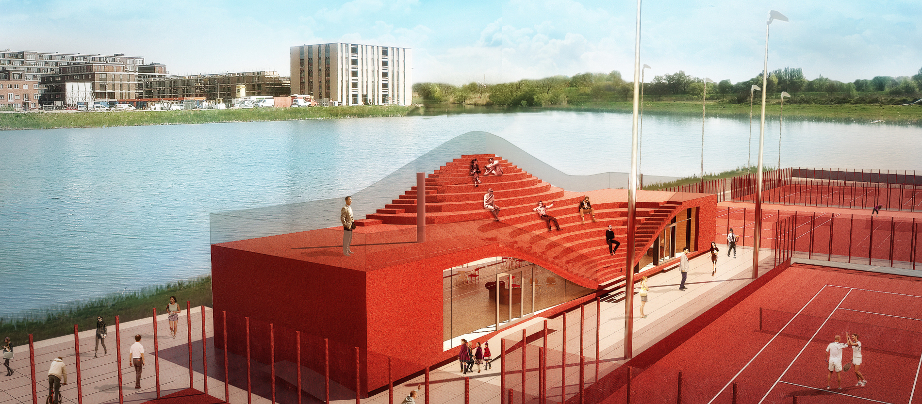 Rood gebouw met traptreden, uitzicht op water en bomen.